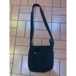 The Sak Crochet Black Handbag Crossbody Vintage Purse Shoulder Bag Zip Pockets